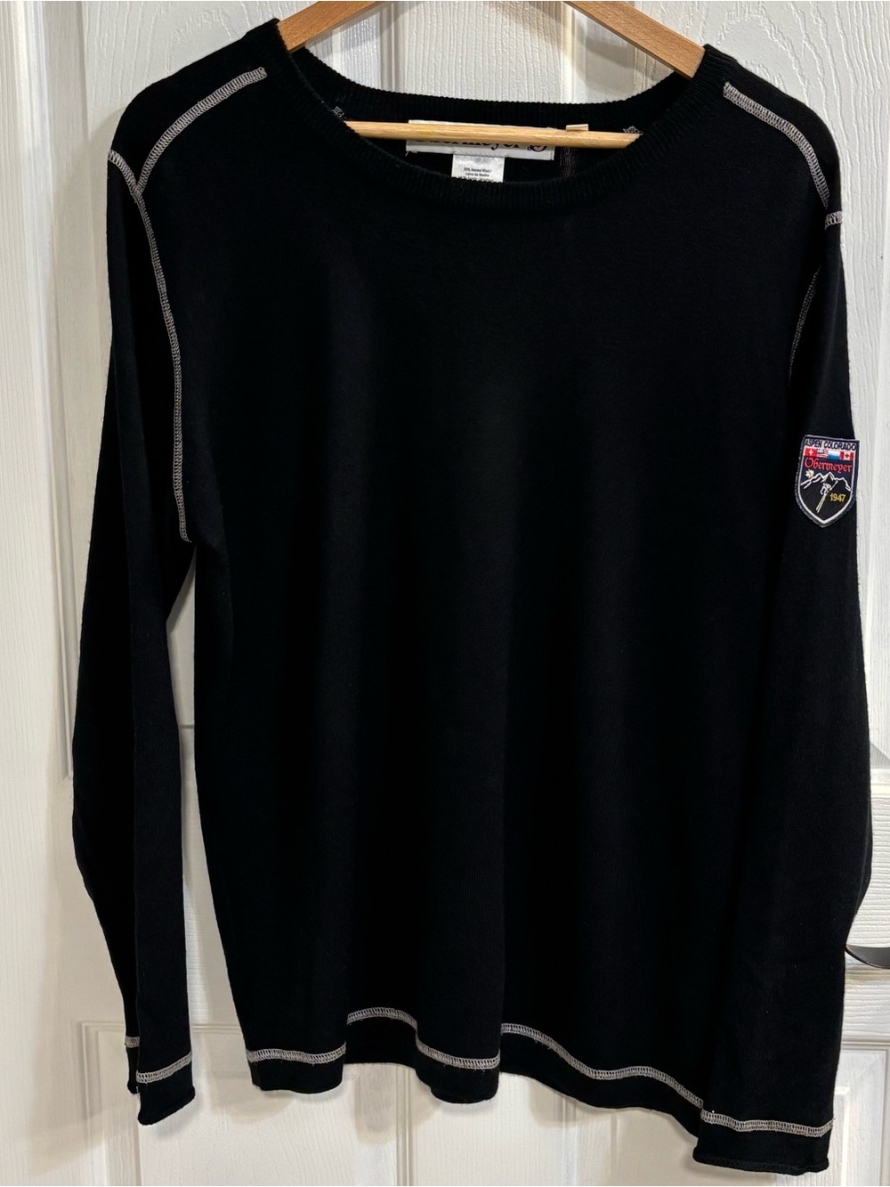 Vintage Obermeyer Merino Wool Blend Sweater Black Crew Neck Ski Mens M Y2K